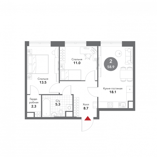Двухкомнатная квартира 58.9 м²