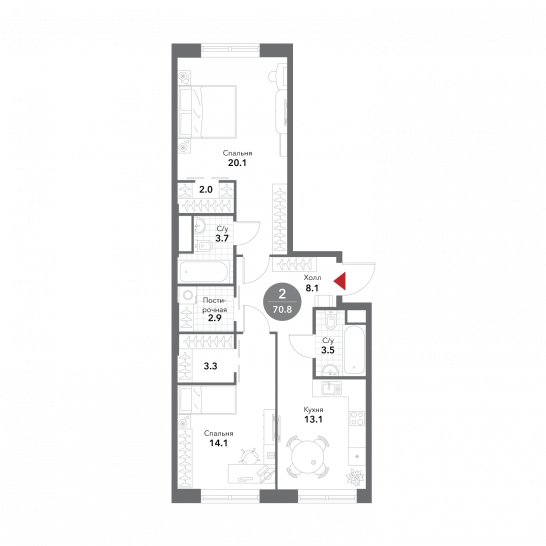 Двухкомнатная квартира 70.8 м²
