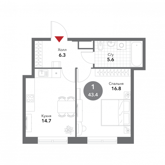 Однокомнатная квартира 43.4 м²