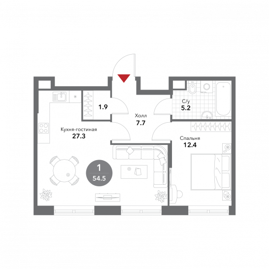 Двухкомнатная квартира 54.5 м²