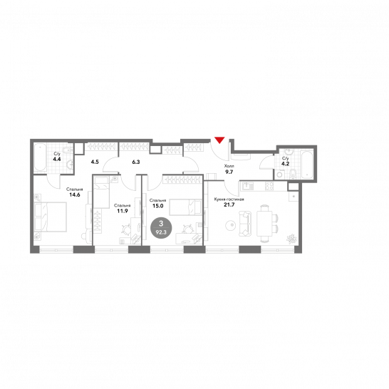 Трёхкомнатная квартира 92.3 м²