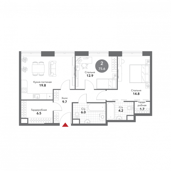 Двухкомнатная квартира 75.6 м²