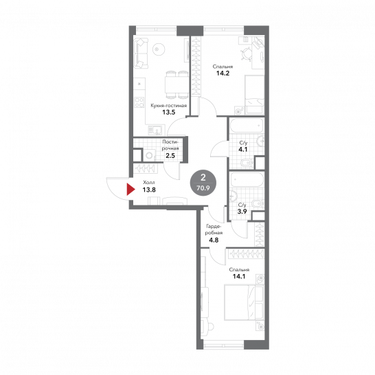Двухкомнатная квартира 70.9 м²