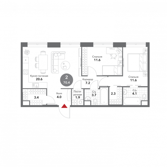 Двухкомнатная квартира 70.4 м²