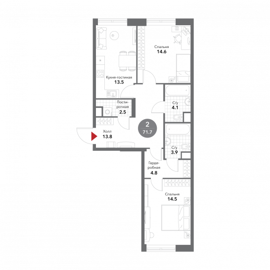 Двухкомнатная квартира 71.7 м²