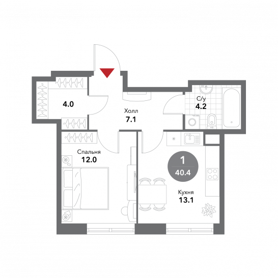 Однокомнатная квартира 40.4 м²