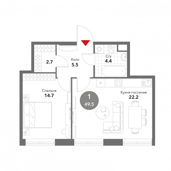 Однокомнатная квартира 49.5 м²