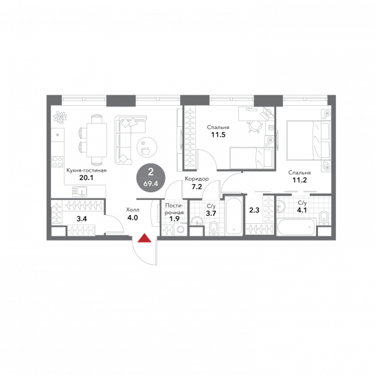 Двухкомнатная квартира 69.4 м²