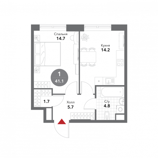 Однокомнатная квартира 41.1 м²