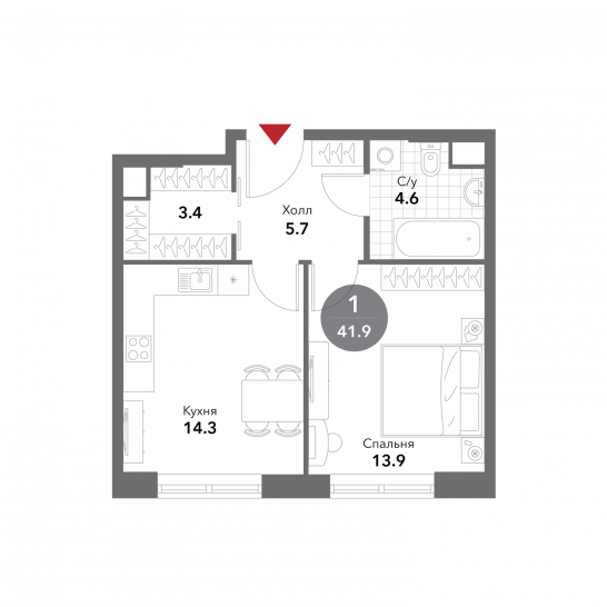 Однокомнатная квартира 41.9 м²