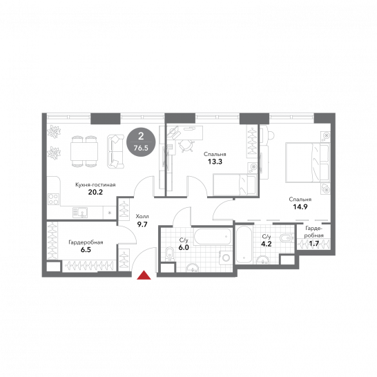 Двухкомнатная квартира 76.5 м²