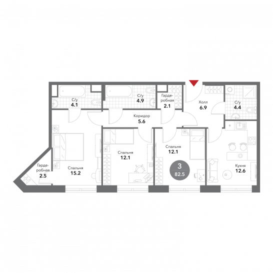 Трёхкомнатная квартира 82.5 м²