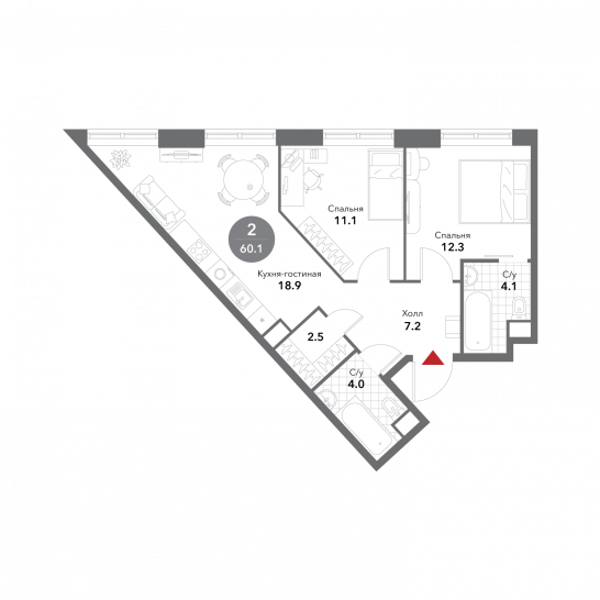 Двухкомнатная квартира 60.1 м²