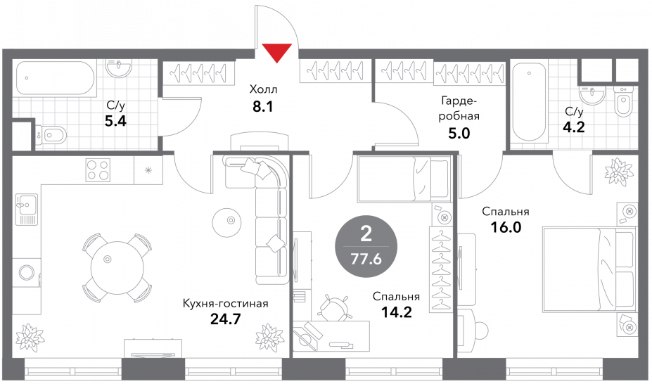 Двухкомнатная квартира 77.6 м²