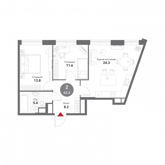 Двухкомнатная квартира 63.3 м²