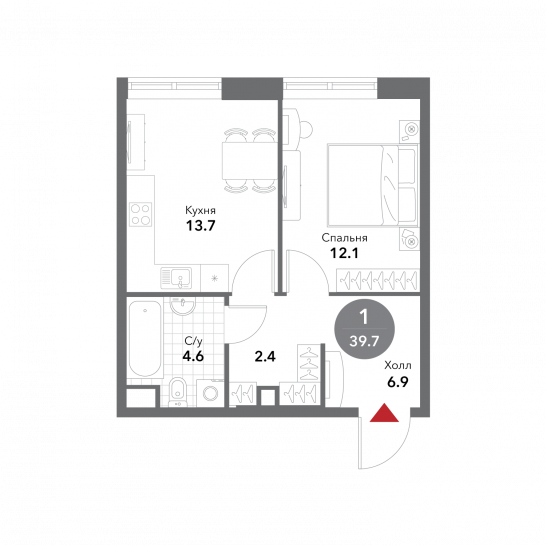 Однокомнатная квартира 39.7 м²