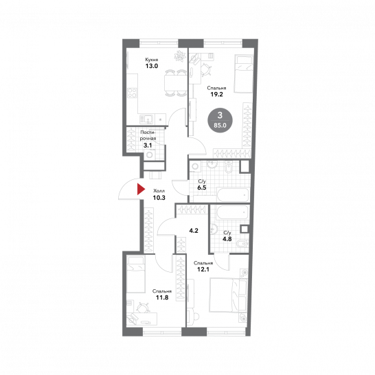 Трёхкомнатная квартира 85 м²