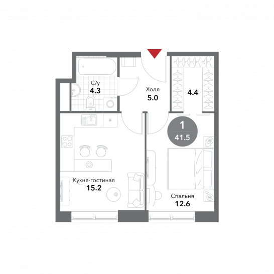 Однокомнатная квартира 41.5 м²