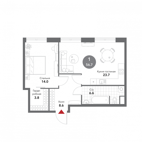 Однокомнатная квартира 56.7 м²