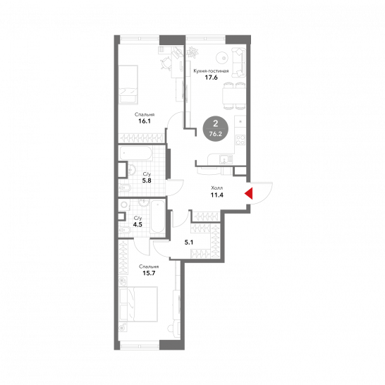 Двухкомнатная квартира 76.2 м²