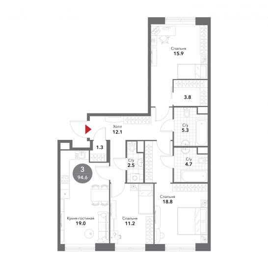 Трёхкомнатная квартира 94.6 м²