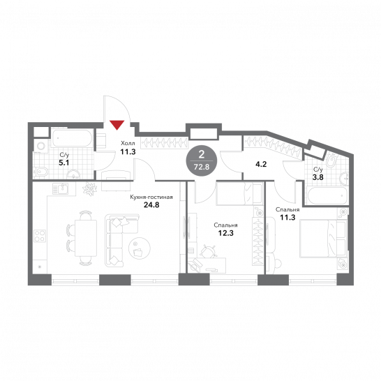 Двухкомнатная квартира 72.8 м²