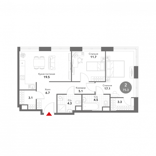 Двухкомнатная квартира 75.3 м²
