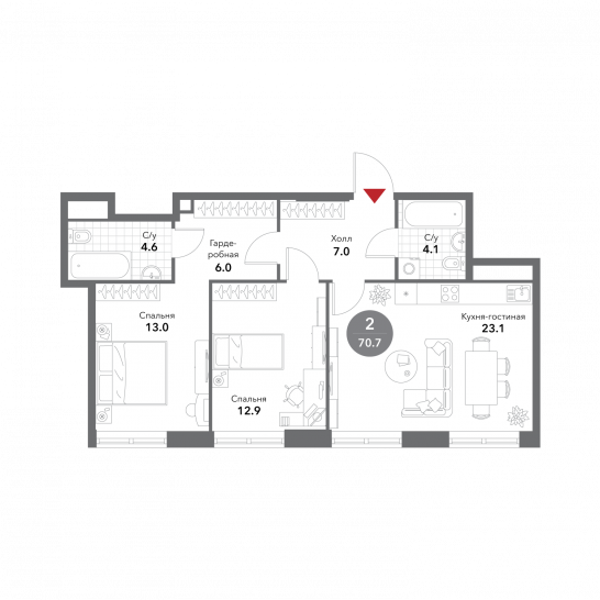 Двухкомнатная квартира 70.7 м²