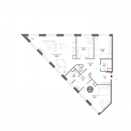 Трёхкомнатная квартира 122.5 м²