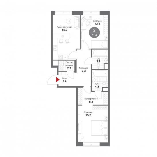 Двухкомнатная квартира 71.5 м²