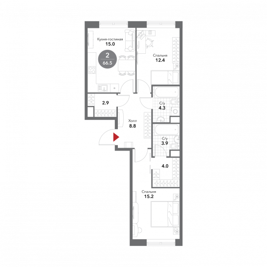 Двухкомнатная квартира 66.5 м²