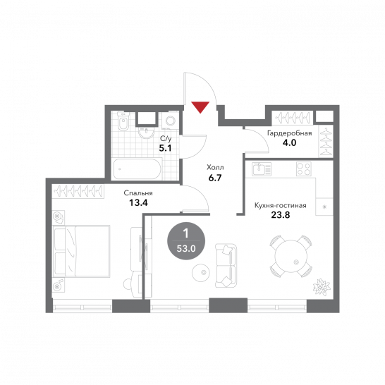 Однокомнатная квартира 53 м²