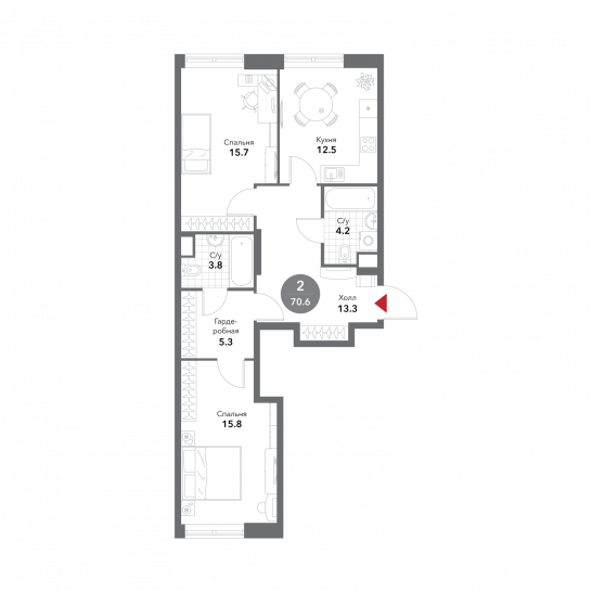 Двухкомнатная квартира 70.6 м²