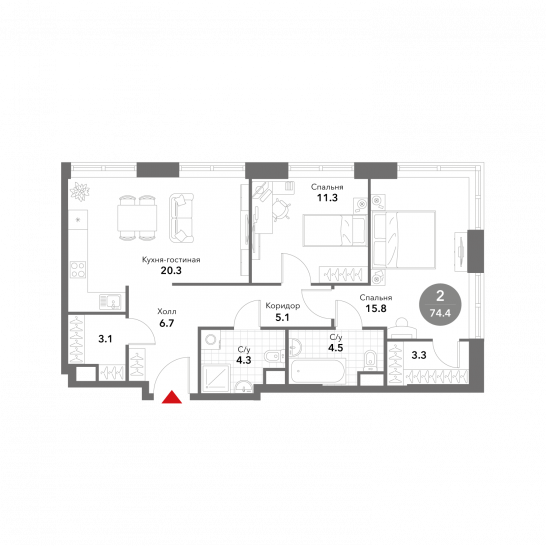 Двухкомнатная квартира 74.4 м²
