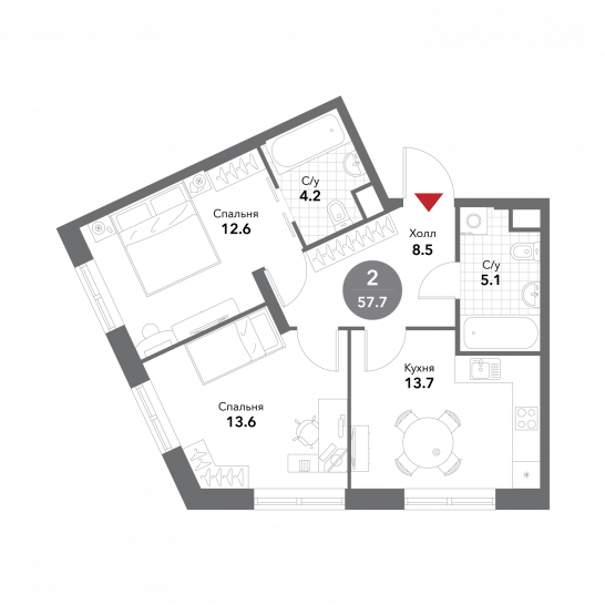 Двухкомнатная квартира 57.7 м²