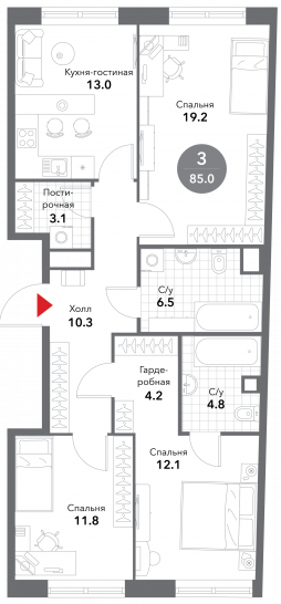 Трёхкомнатная квартира 85 м²