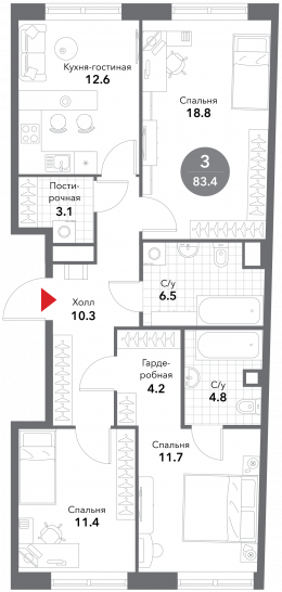Трёхкомнатная квартира 83.4 м²
