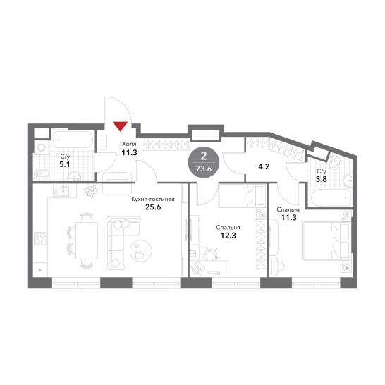Двухкомнатная квартира 73.6 м²