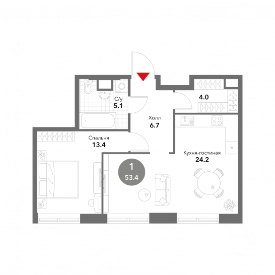 Однокомнатная квартира 53.4 м²