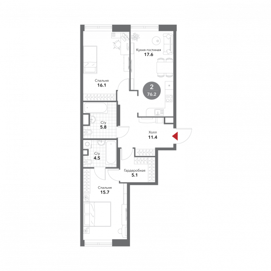 Двухкомнатная квартира 76.2 м²