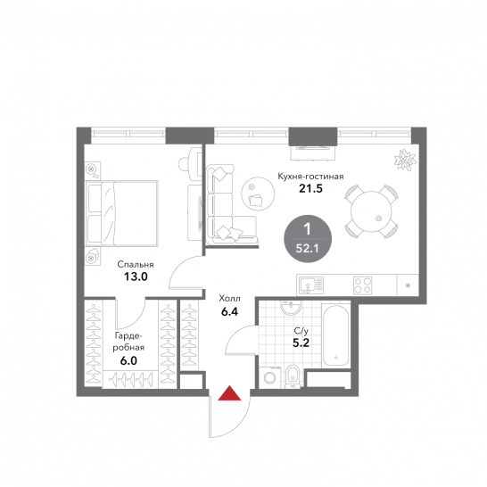 Однокомнатная квартира 52.1 м²
