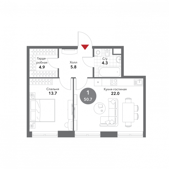 Однокомнатная квартира 50.7 м²